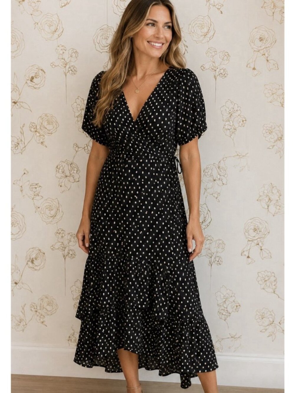 Knox Rose Tiered Wrap Dress Short Sleeve Midi 100% Rayon Pockets Black XL